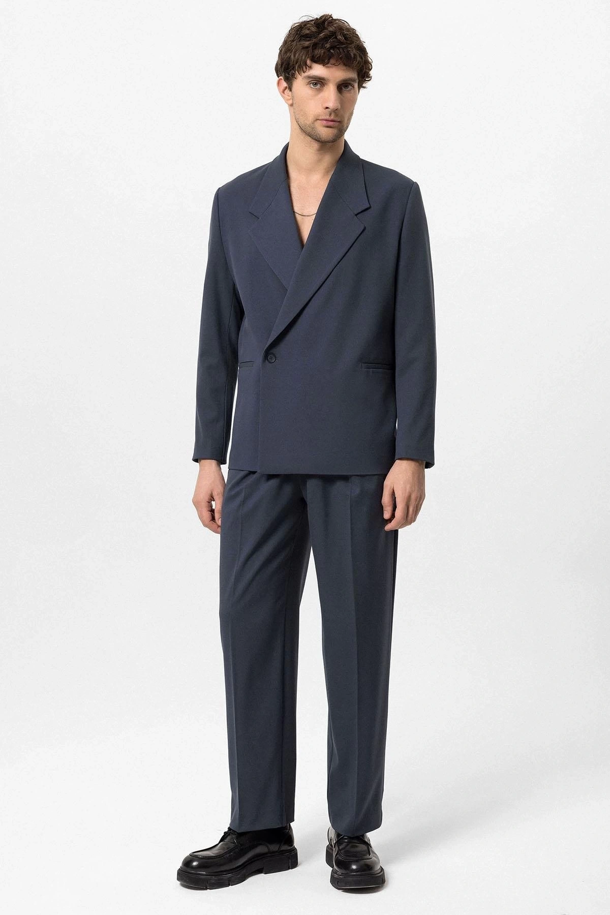 Erkek Owersıze Likralı Takım Elbise-Lacivert