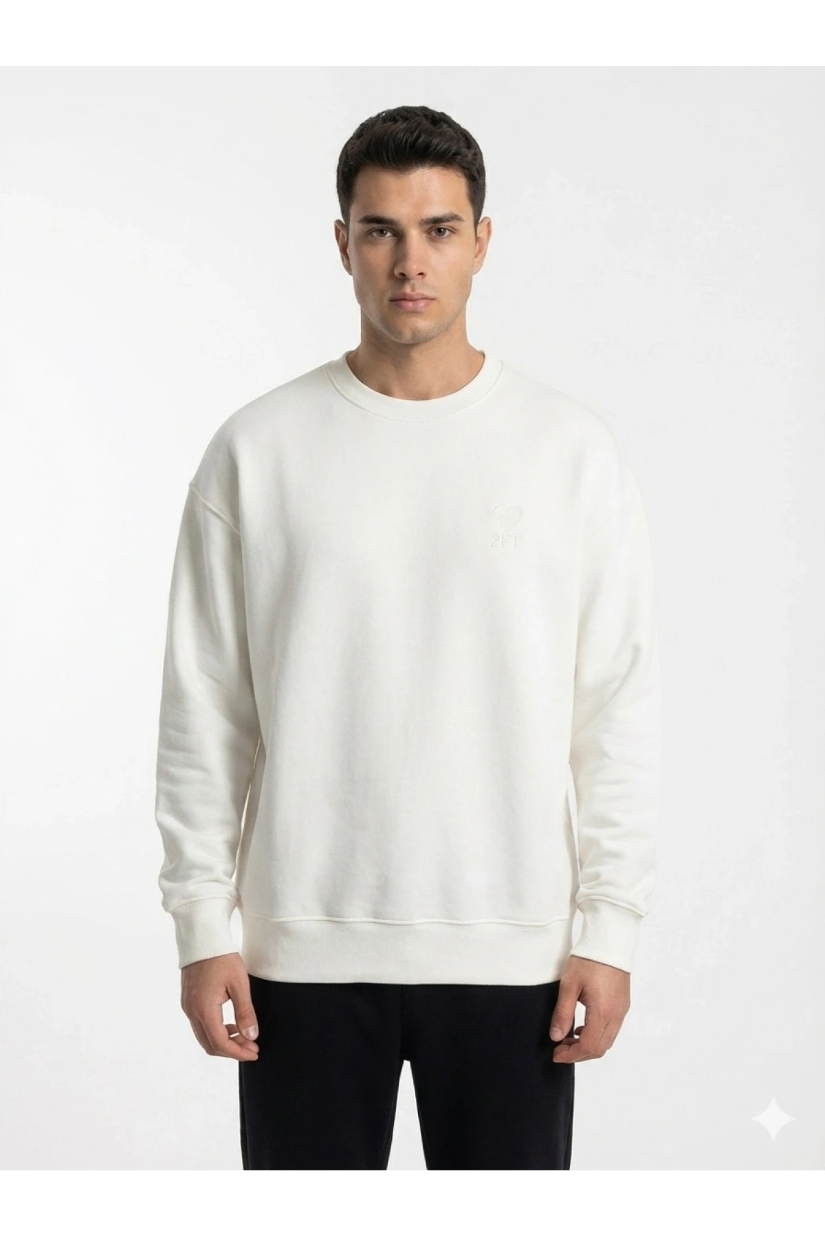 Erkek Owersize Önü Baskılı Düz Basic Sweatshirt-Beyaz