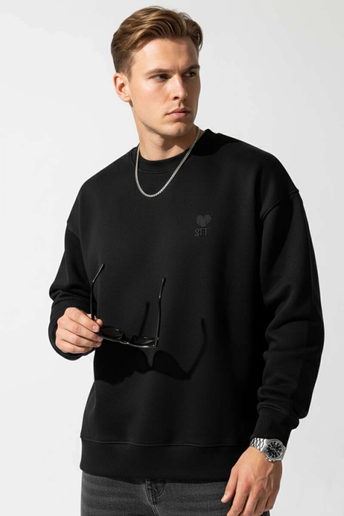 Erkek Owersize Önü Baskılı Düz Basic Sweatshirt- Siyah