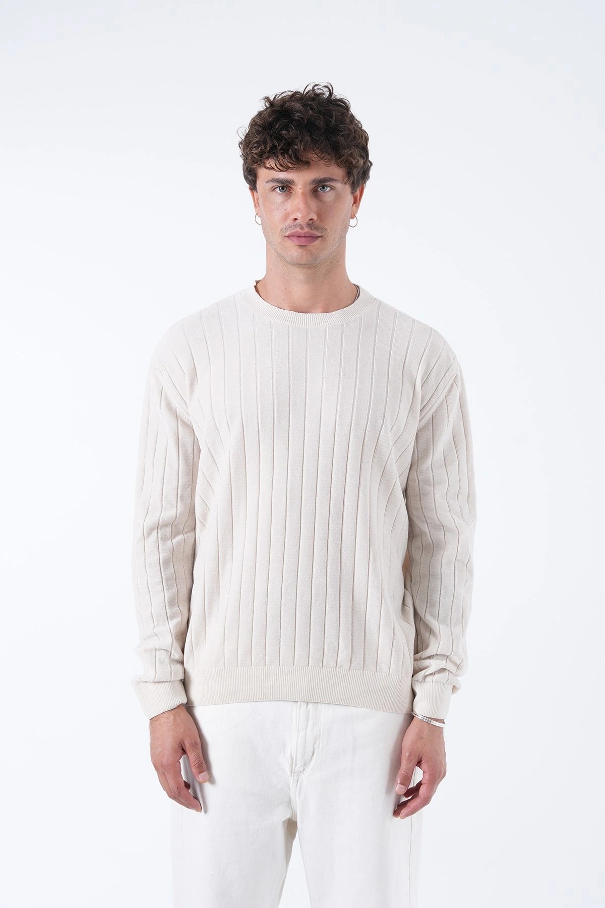 Erkek Owersize Önü Kendinden Çizgili Uzun Kol Triko - Beyaz