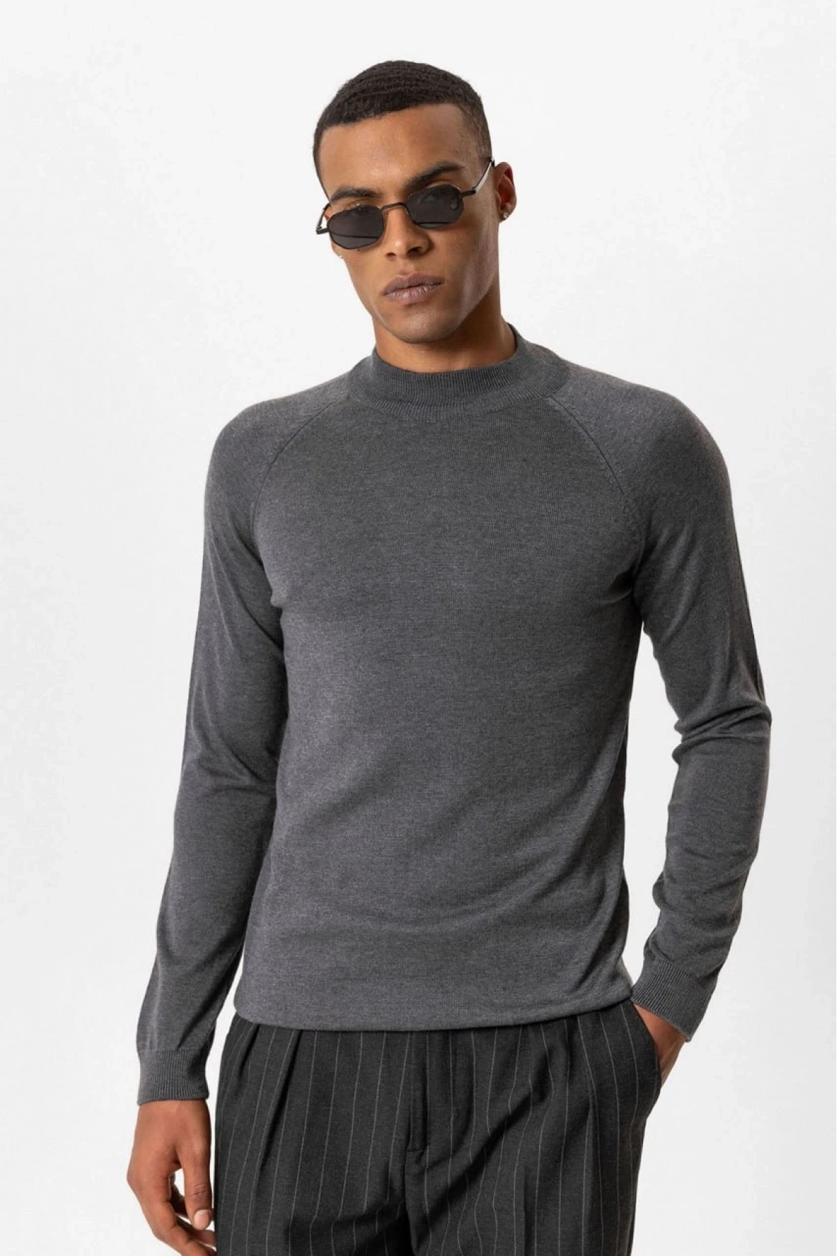 Erkek Owersize Yarım Balıkçı Triko Kazak - Gri