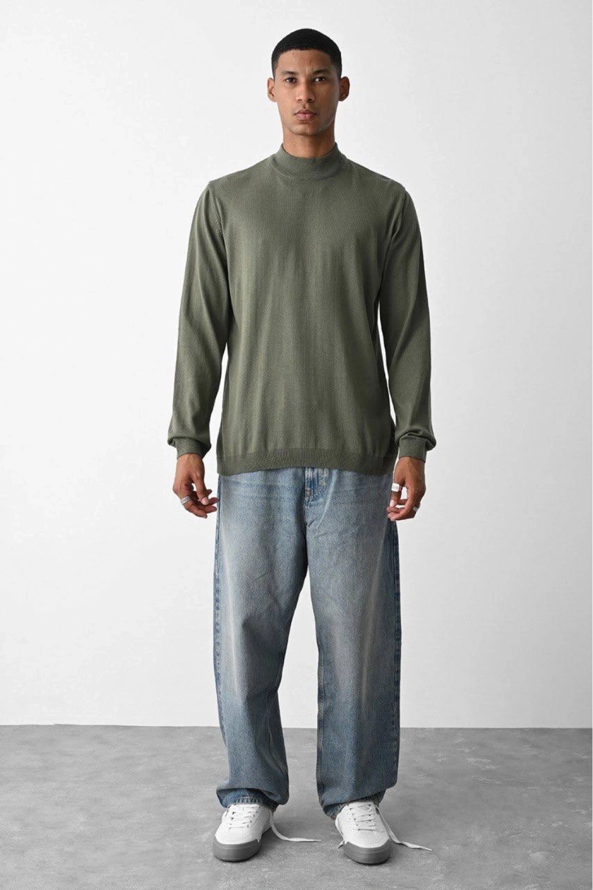 Erkek Owersize Yarım Balıkçı Triko Kazak - Haki