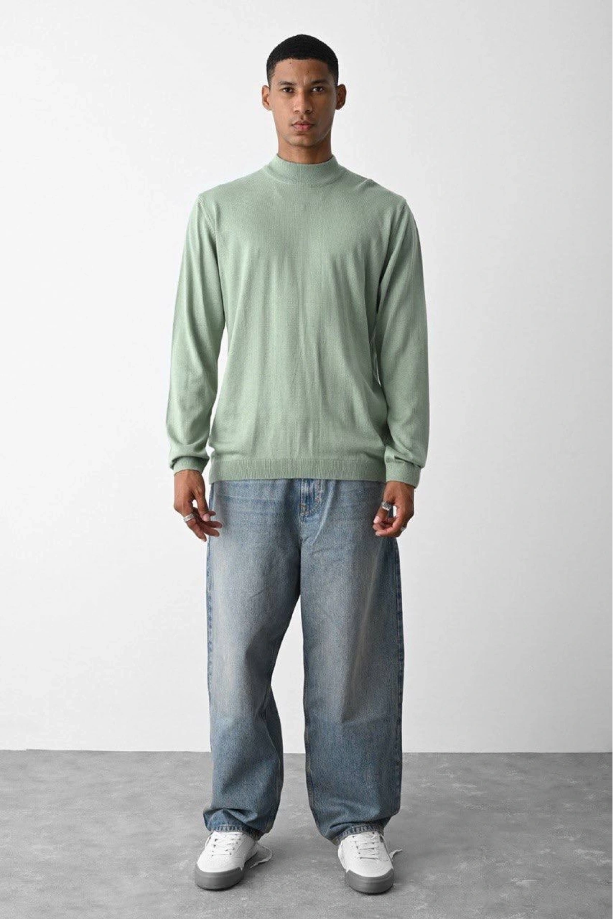 Erkek Owersize Yarım Balıkçı Triko Kazak - Su Yeşil