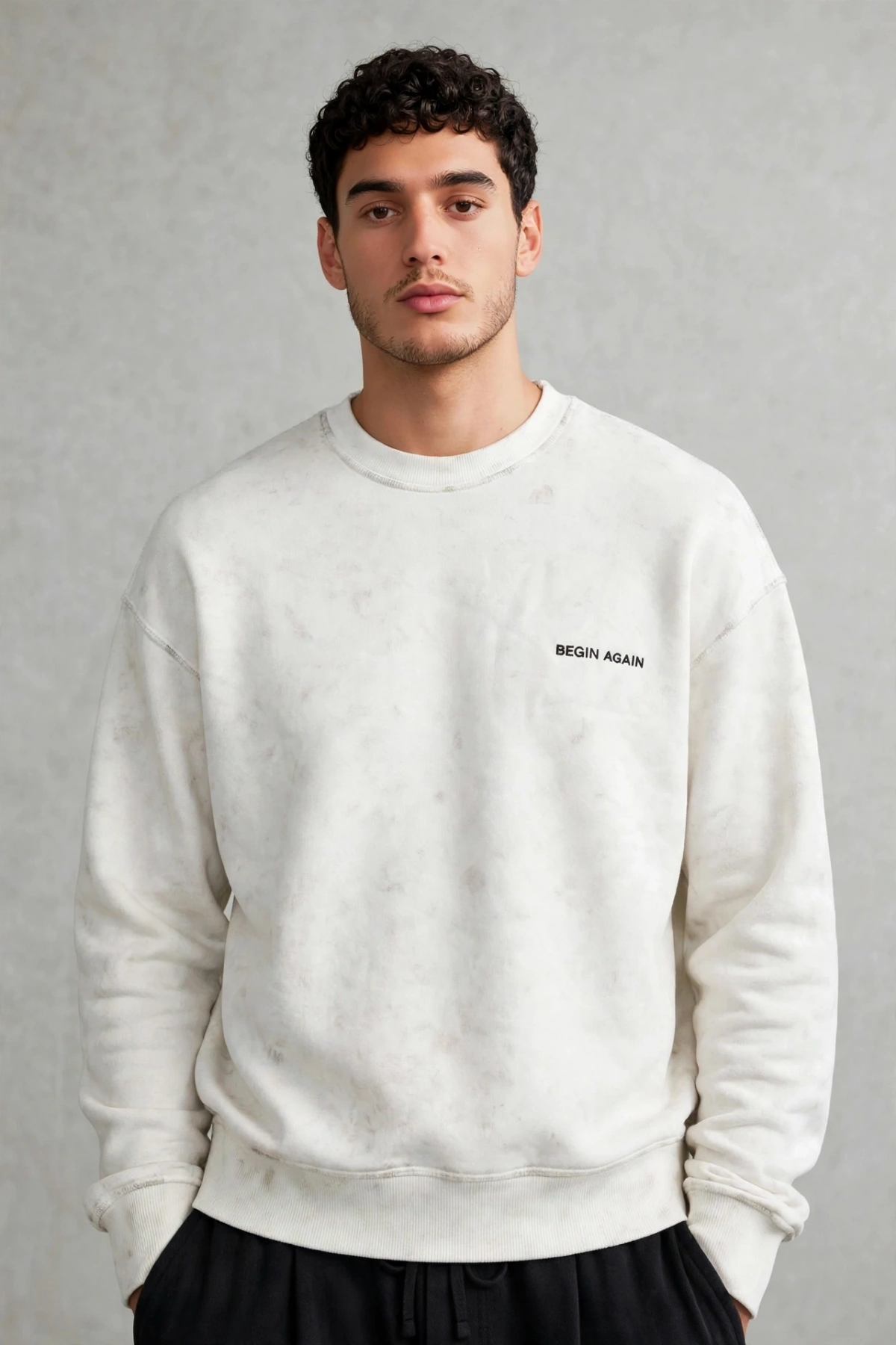 Erkek Owersize Yıkamalı Önü Again Baskılı Sweatshirt-Beyaz