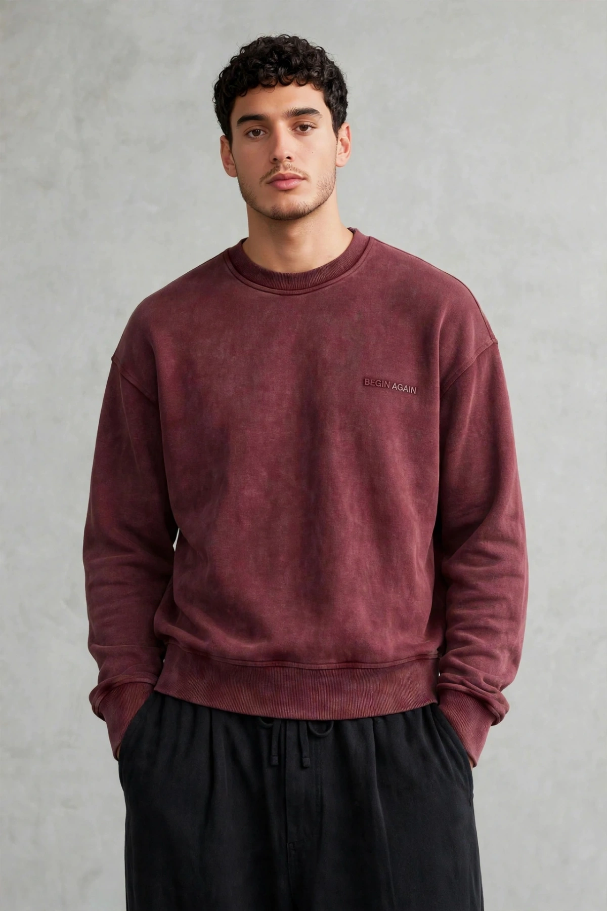 Erkek Owersize Yıkamalı Önü Again Baskılı Sweatshirt-Bordo