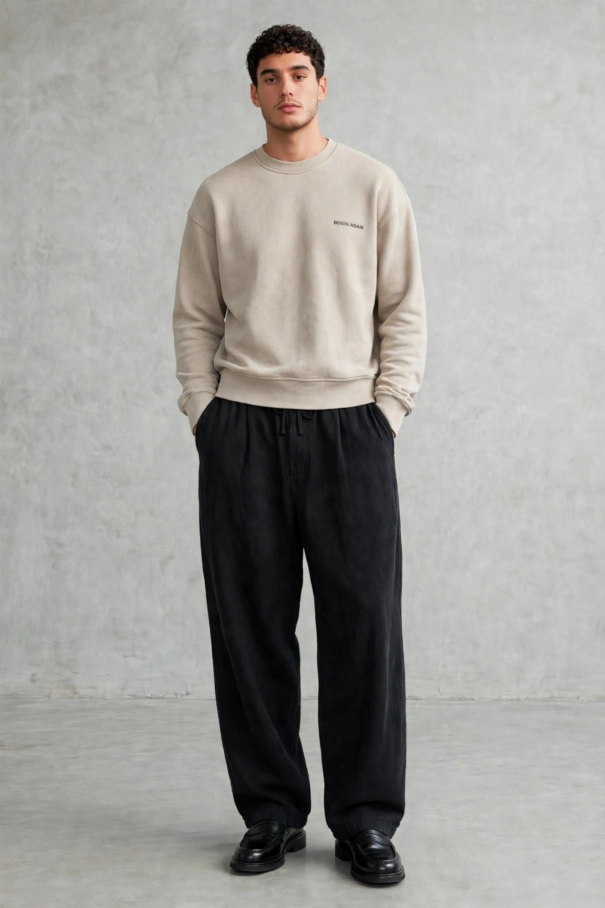Erkek Owersize Yıkamalı Önü Again Baskılı Sweatshirt-Krem