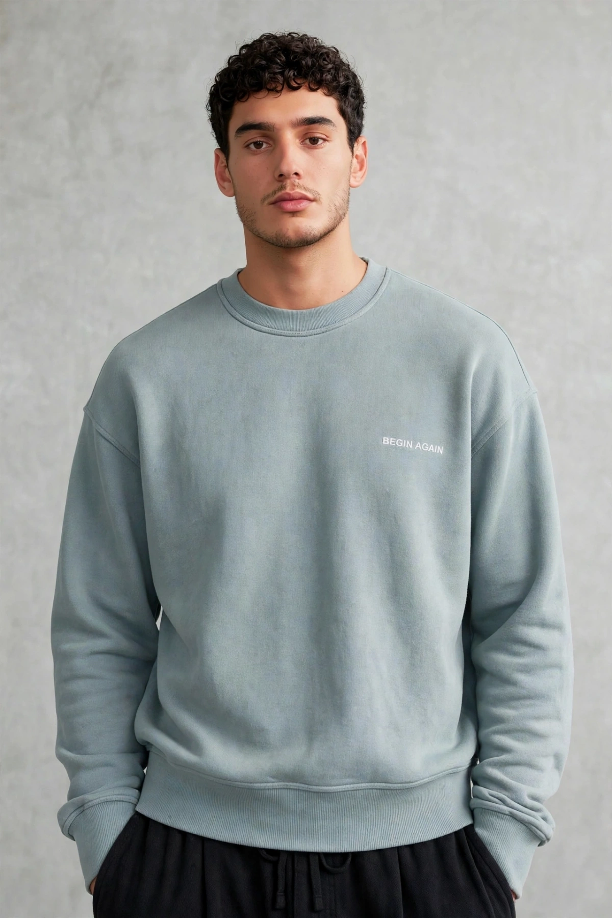 Erkek Owersize Yıkamalı Önü Again Baskılı Sweatshirt-Mavi