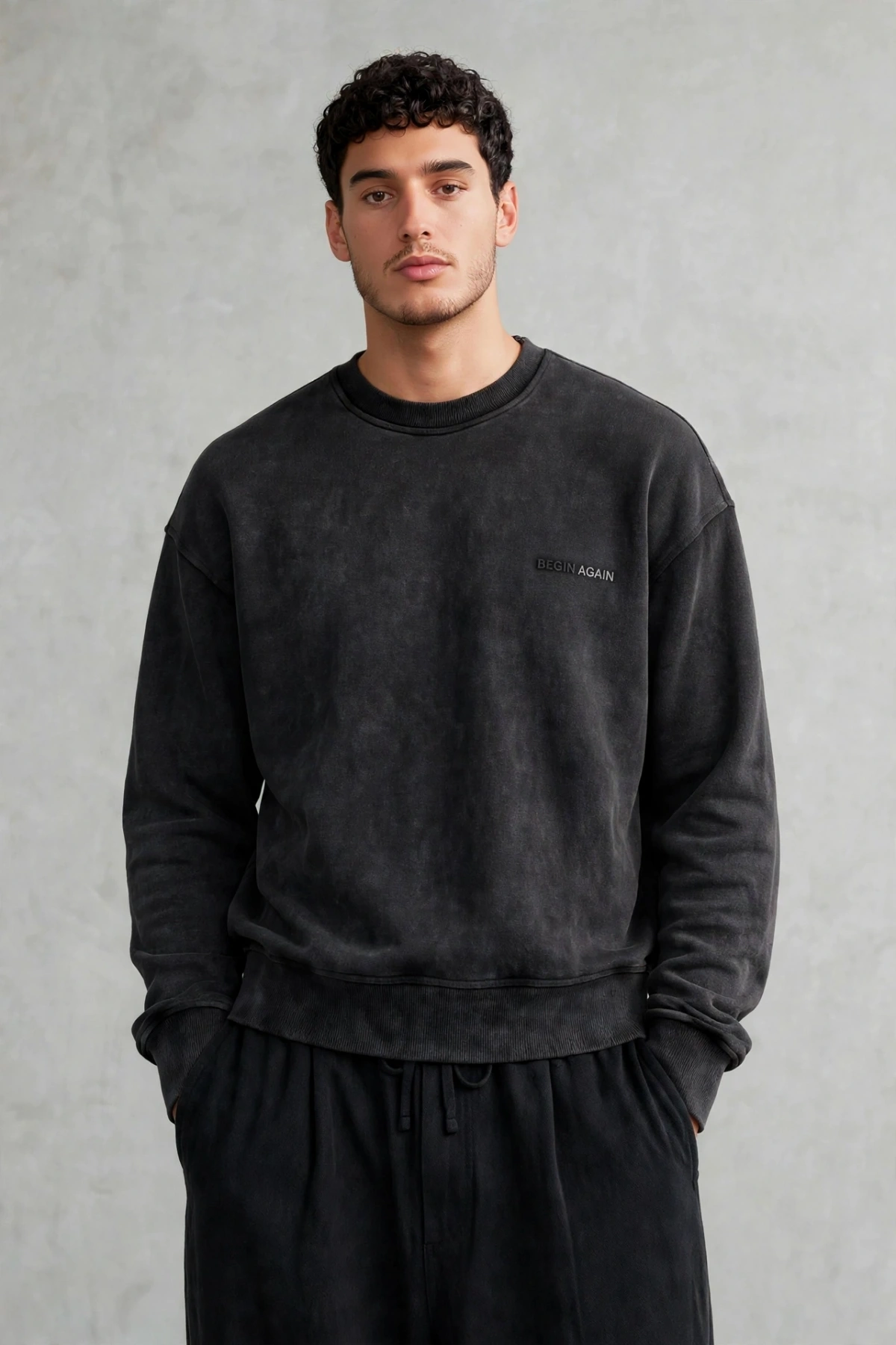 Erkek Owersize Yıkamalı Önü Again Baskılı Sweatshirt-Siyah