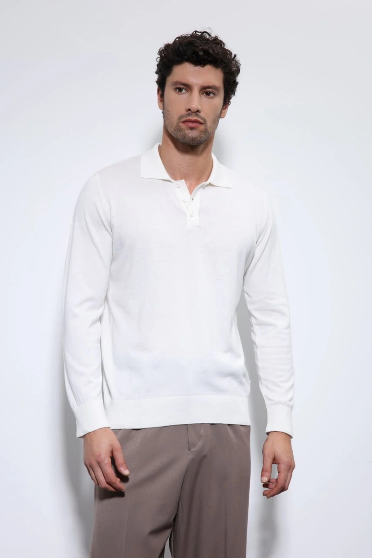 Erkek Polo Yaka Uzunkol Pamuklu Triko -Beyaz