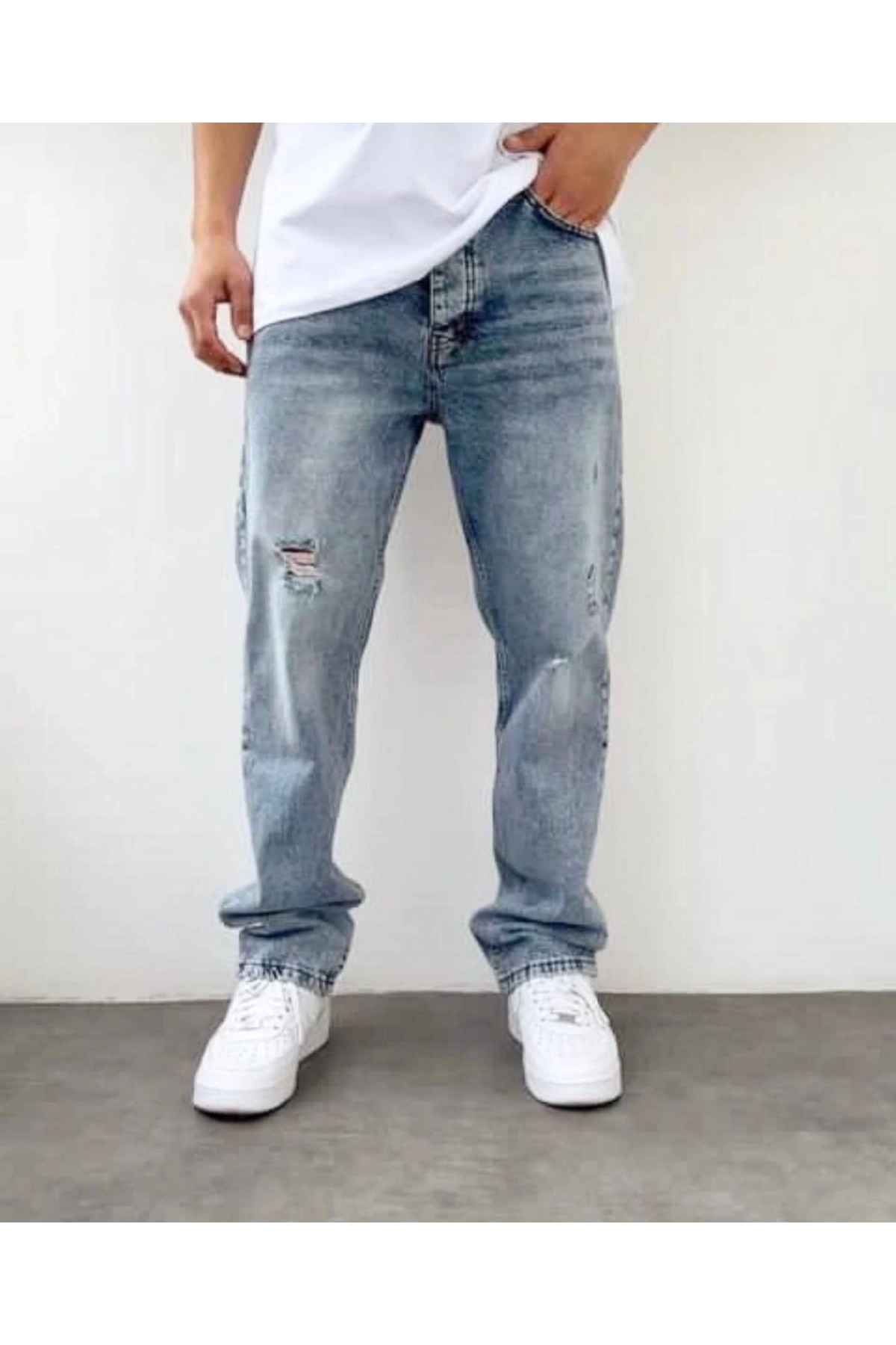 Erkek Rahat Kalıp Baggy Kar Yıkama Yırtık Kot Pantolon - Mavi