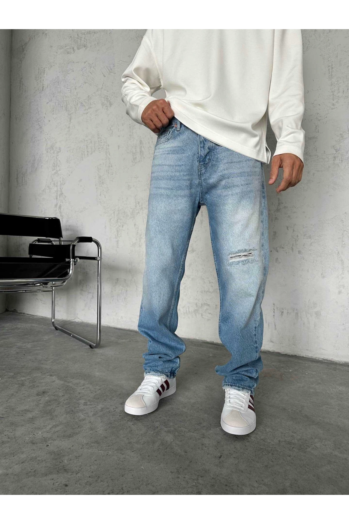 Erkek Rahat Kalıp Baggy Kot Pantolon -A Mavi
