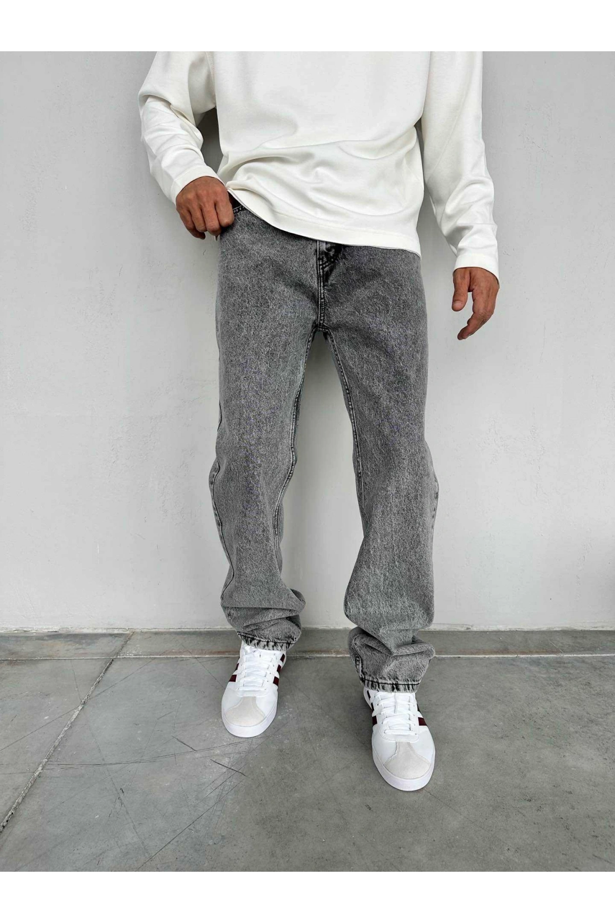 Erkek Rahat Kalıp Baggy Kot Pantolon -Açık Gri