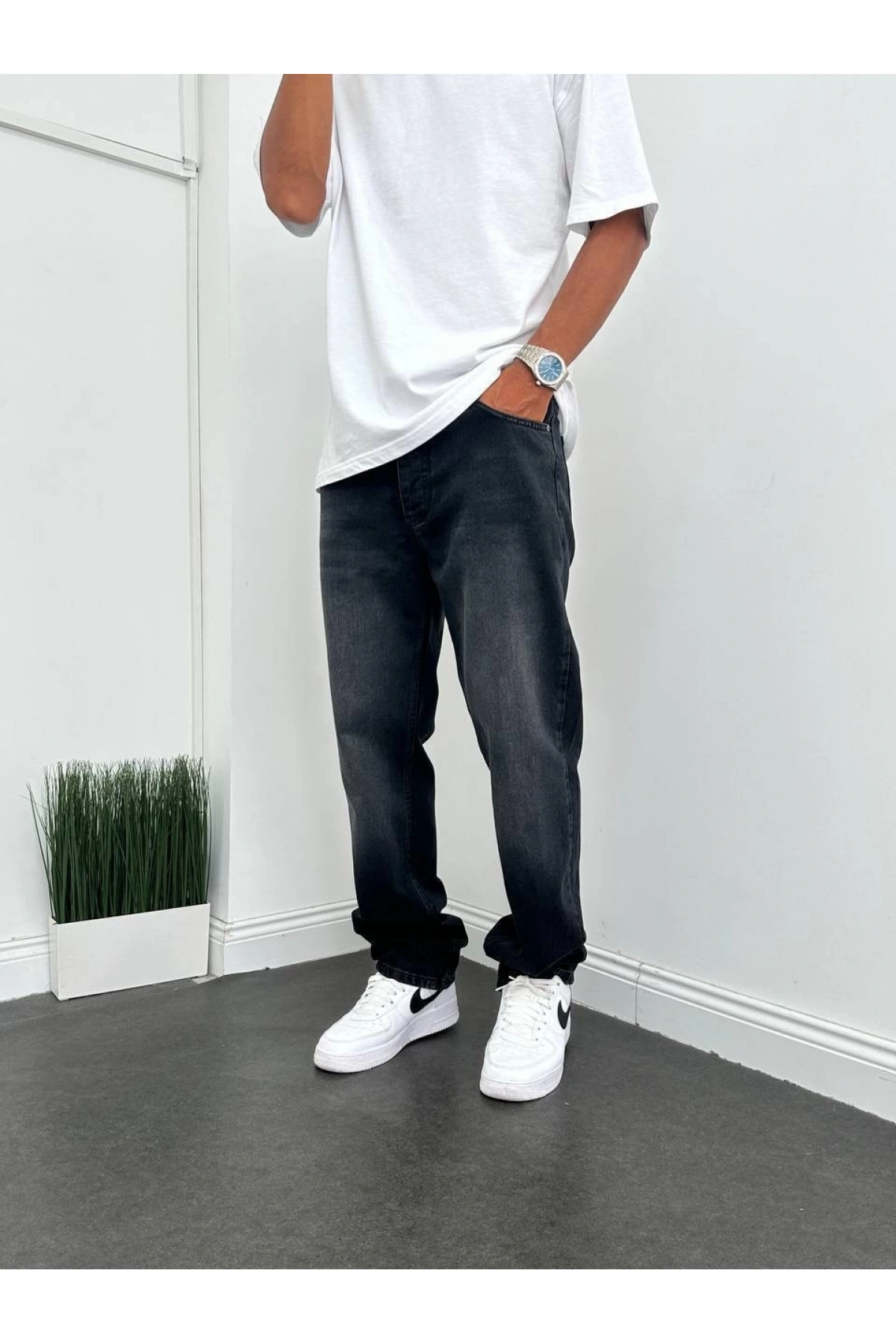 Erkek Rahat Kalıp Baggy Kot Pantolon- Füme