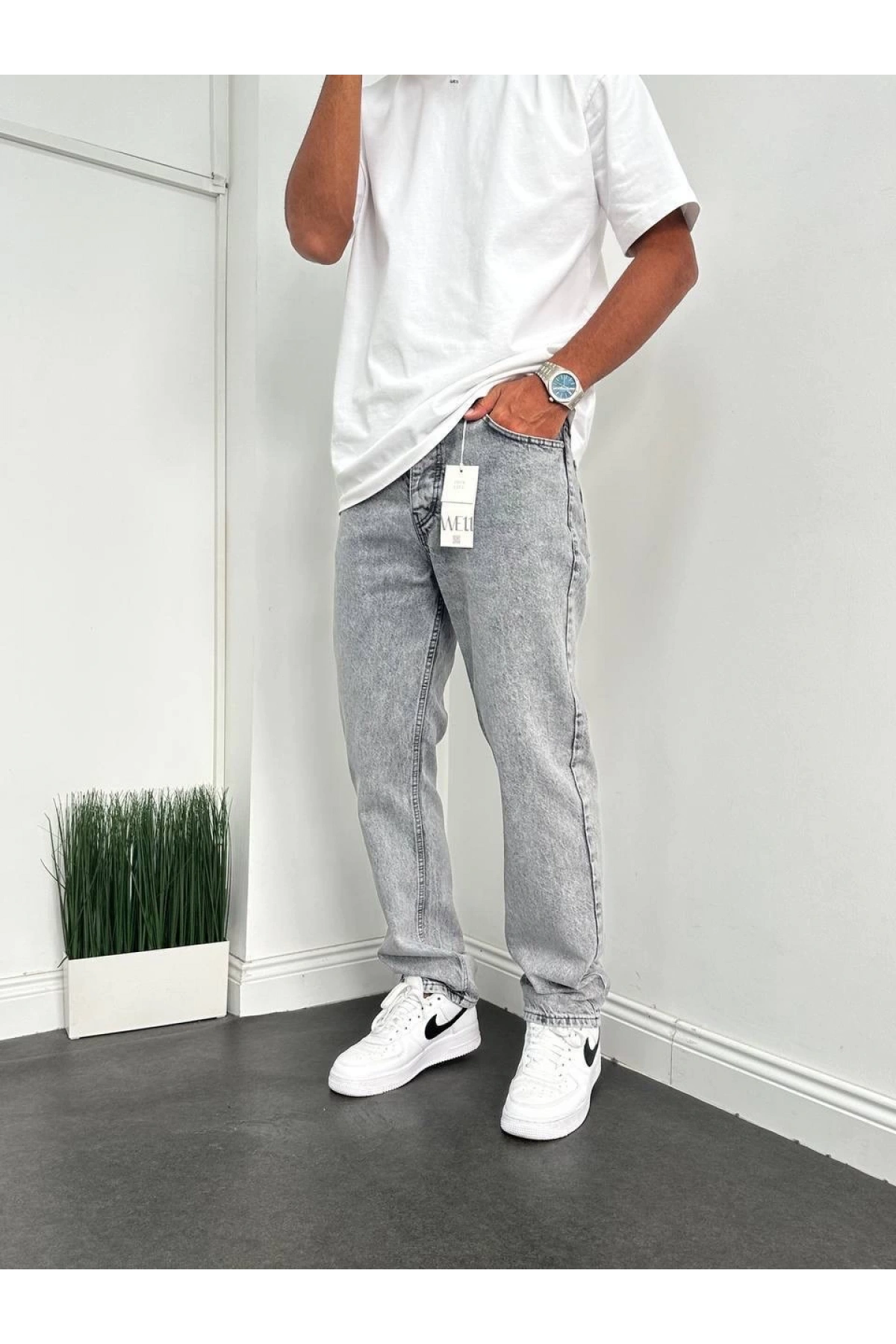 Erkek Rahat Kalıp Baggy Kot Pantolon- Gri