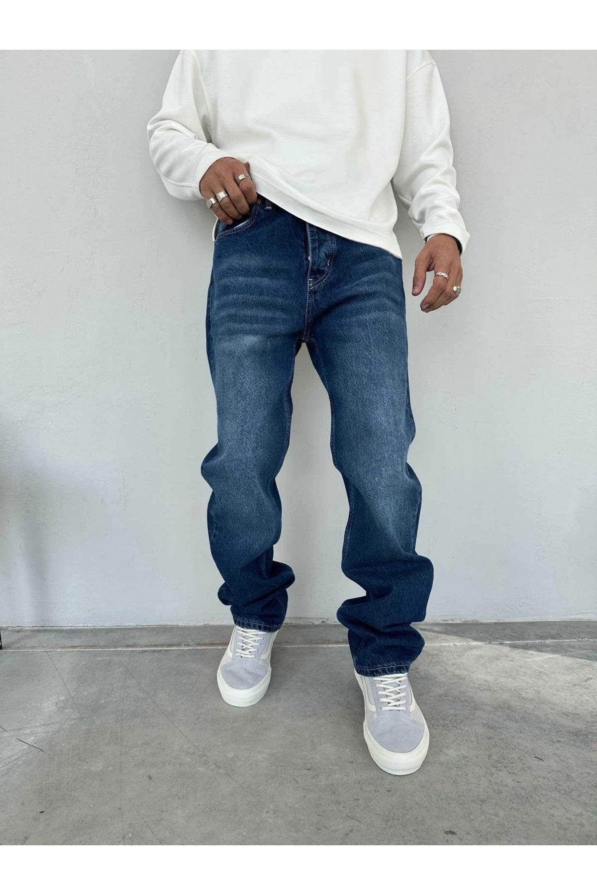 Erkek Rahat Kalıp Baggy Kot Pantolon - Mavi