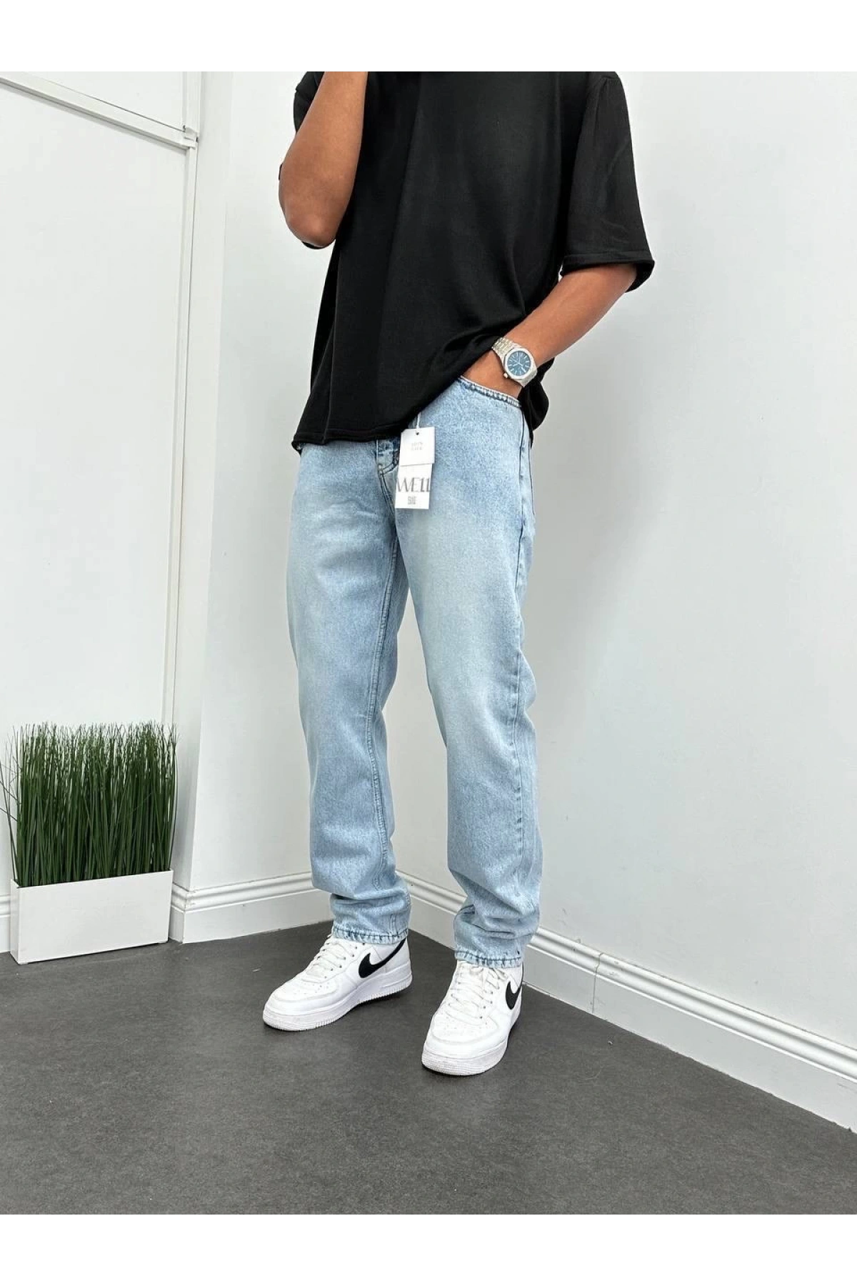 Erkek Rahat Kalıp Kar Yıkamalı Baggy Kot Pantolon - A Mavi