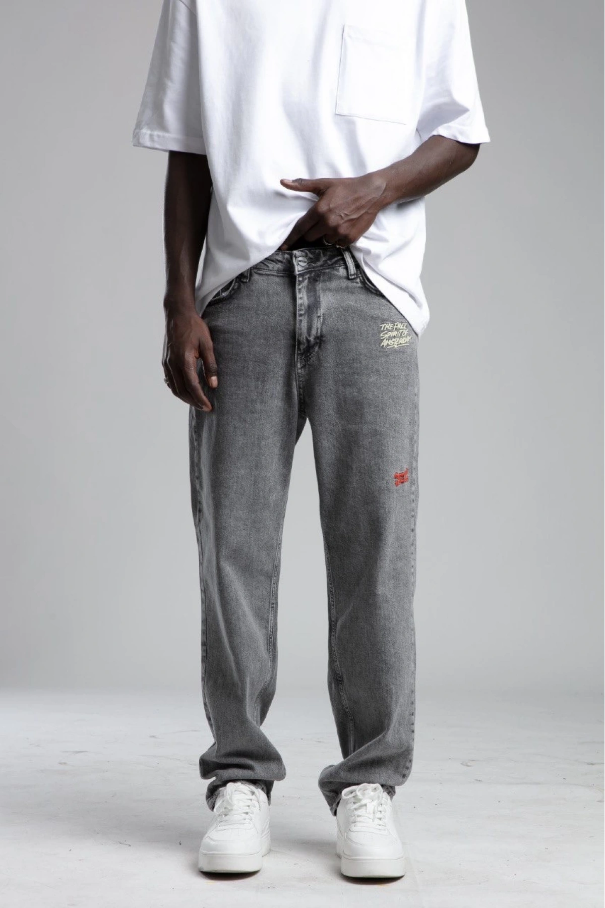 Erkek Rahat Kalıp Nakışlı Bagy Kot Pantolon -Gri