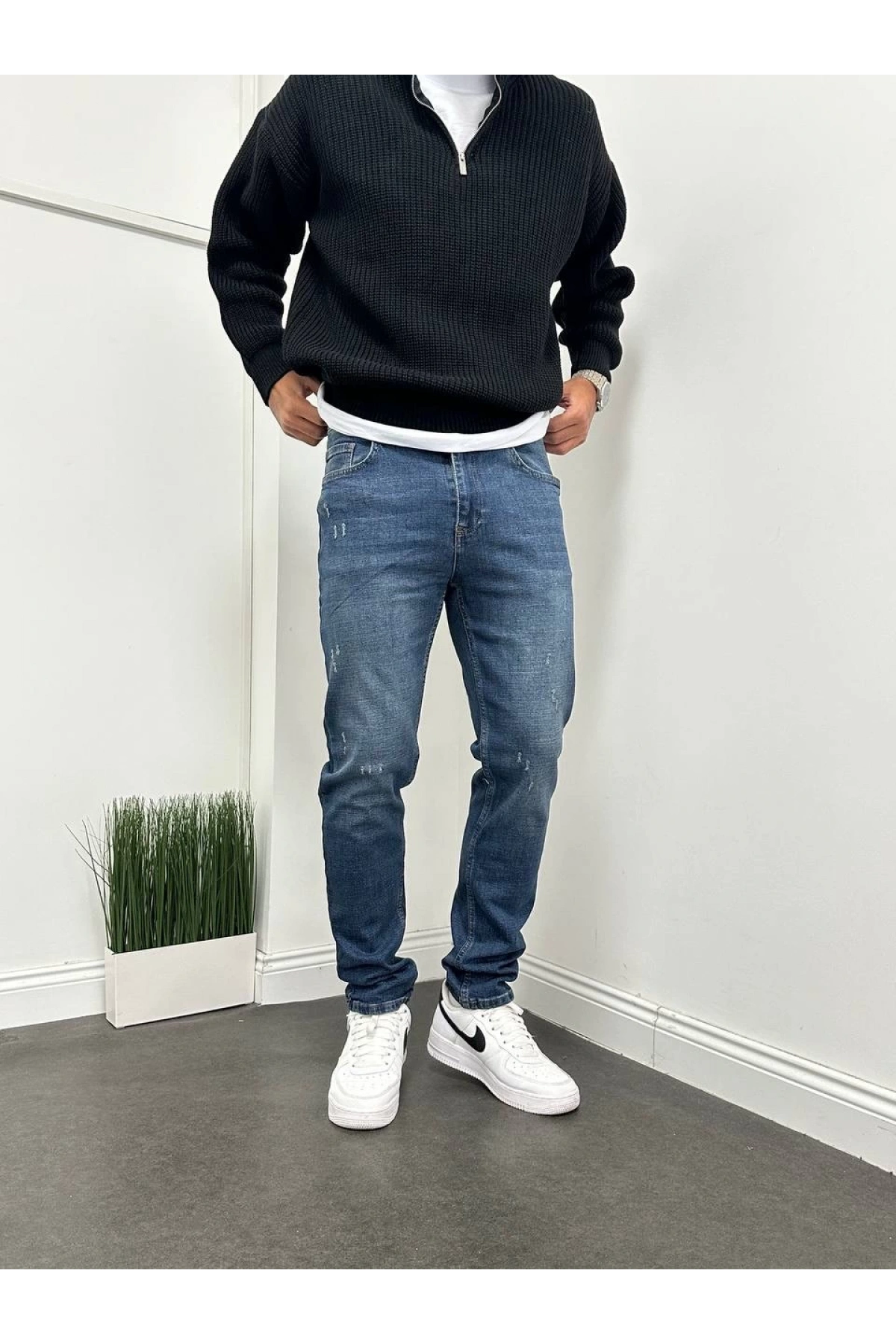 Erkek Rahat Kalıp Regularfit Likralı Kot Pantolon - Koyu Mavi