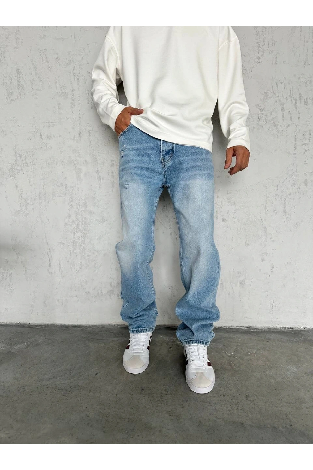 Erkek Rahat Kalıp Taşlamalı Baggy Kot Pantolon - A Mavi