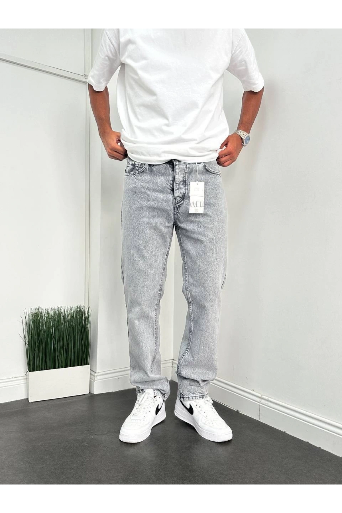 Erkek Rahat Kalıp Taşlamalı Baggy Kot Pantolon - Açık Gri