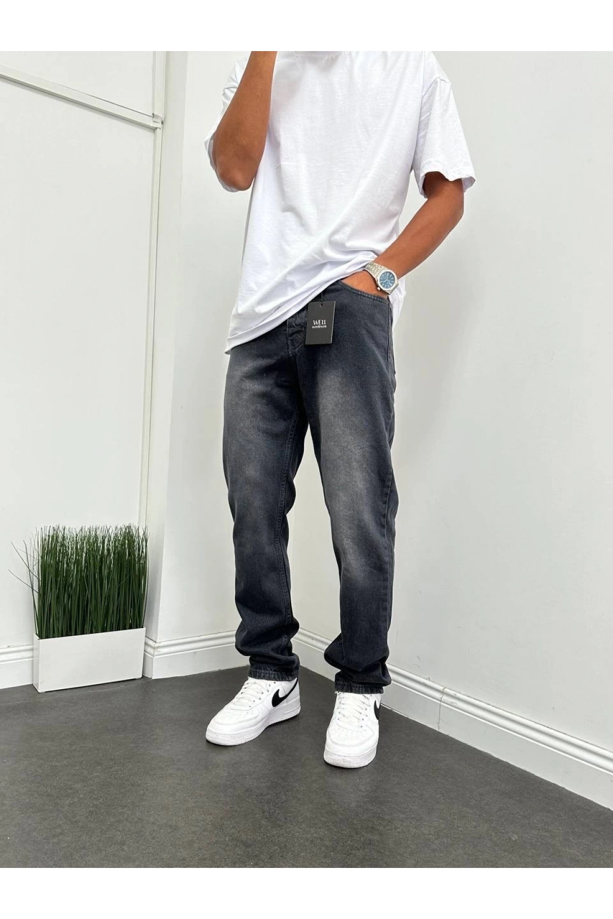 Erkek Rahat Kalıp Taşlamalı Baggy Kot Pantolon - Füme