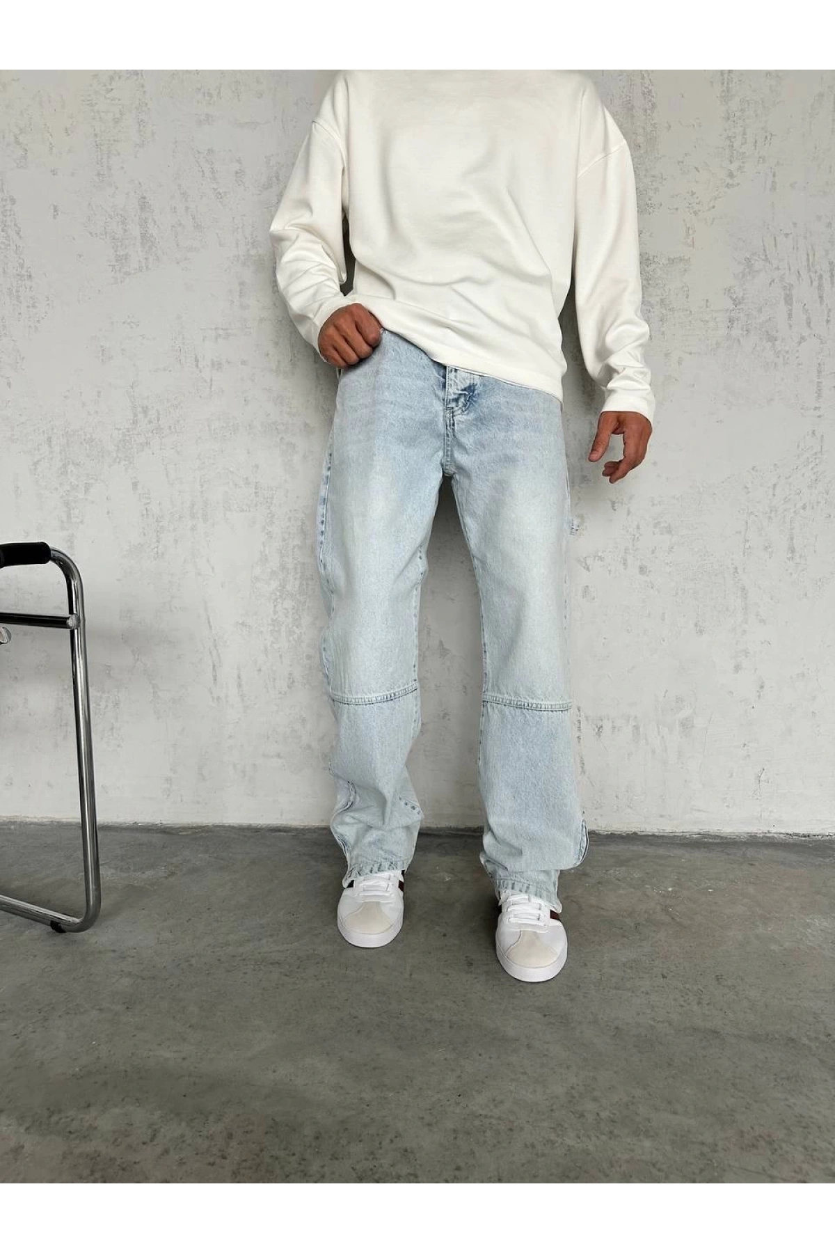 Erkek Rahat Kalıp Taşlamalı Kar Yıkamalı Baggy Kot Pantolon - A Mavi