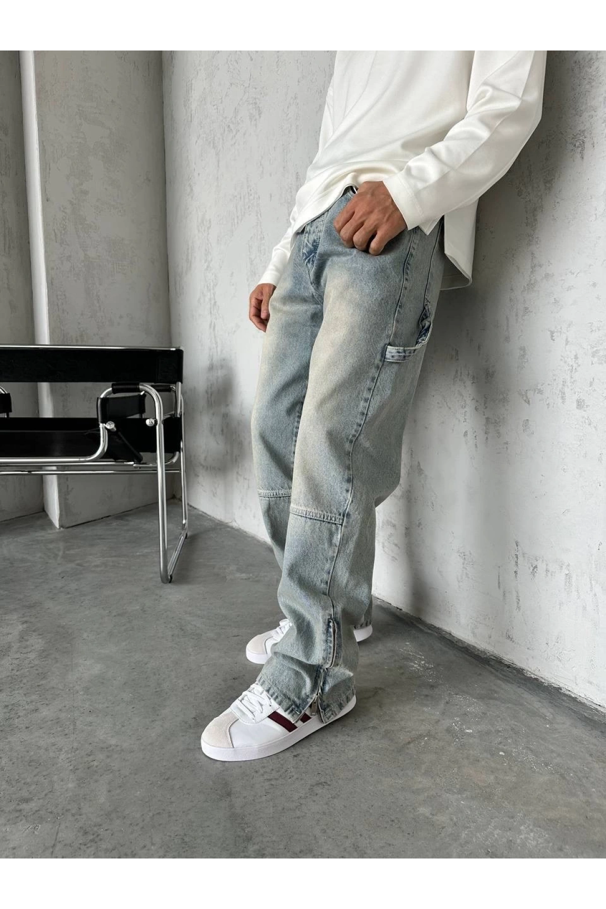 Erkek Rahat Kalıp Taşlamalı Kar Yıkamalı Baggy Kot Pantolon -Krem M