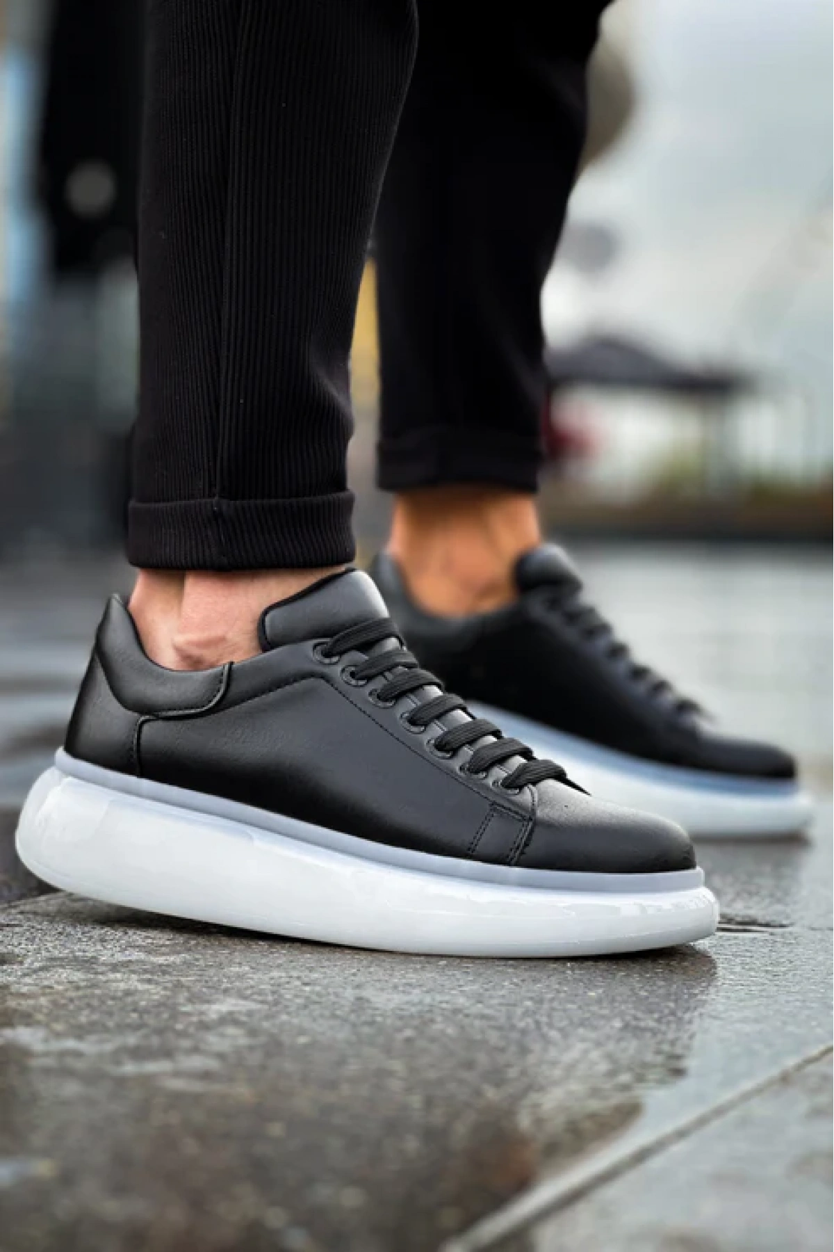 Erkek Sneakers Şeffaf Taban Günlük Spor Casual Ayakkabı -Siyah -Beyaz