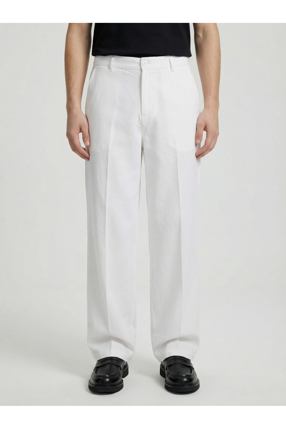 Erkek Super Bagy Kesim Keten Pantolon-Beyaz