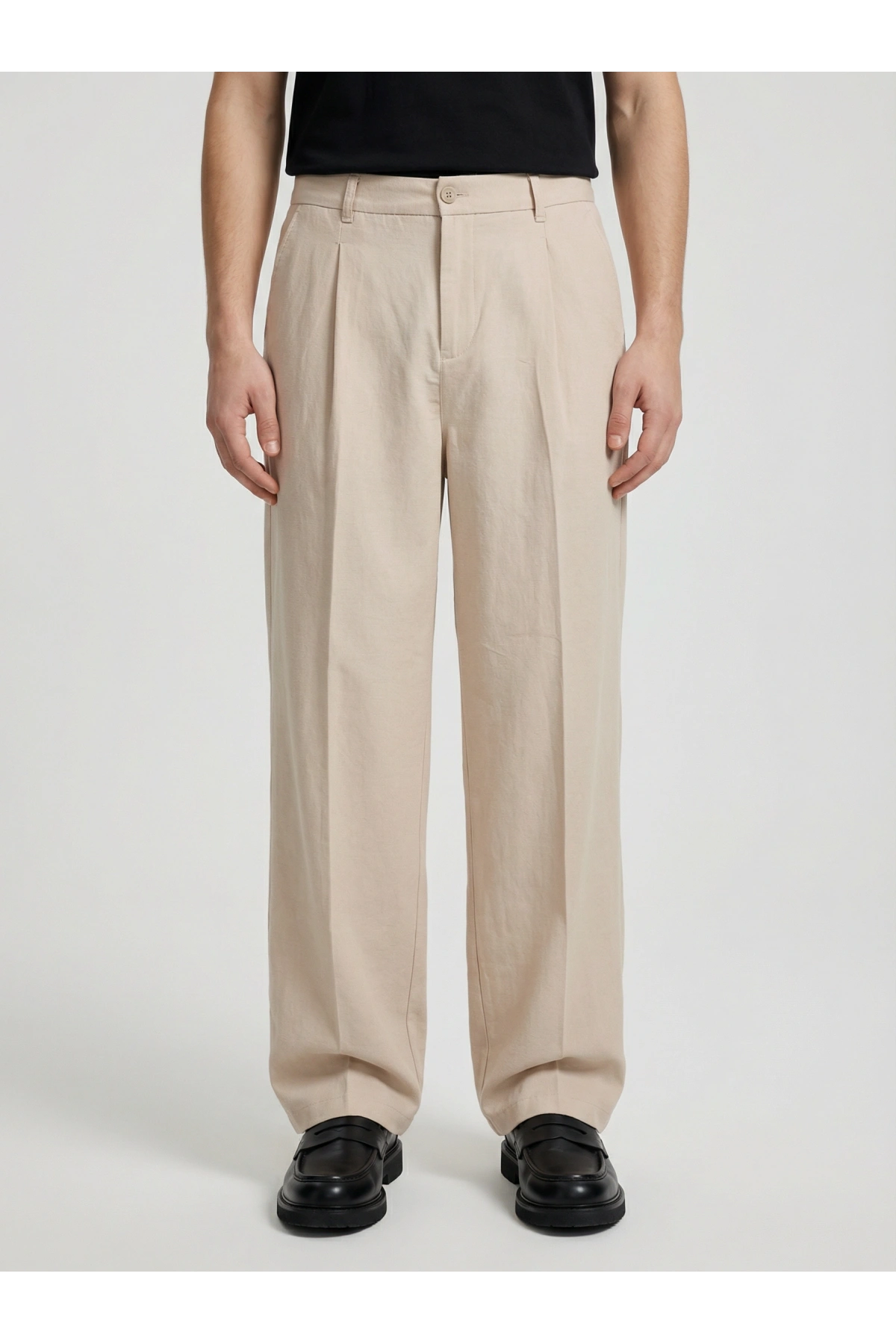 Erkek Super Bagy Kesim Keten Pantolon-Krem