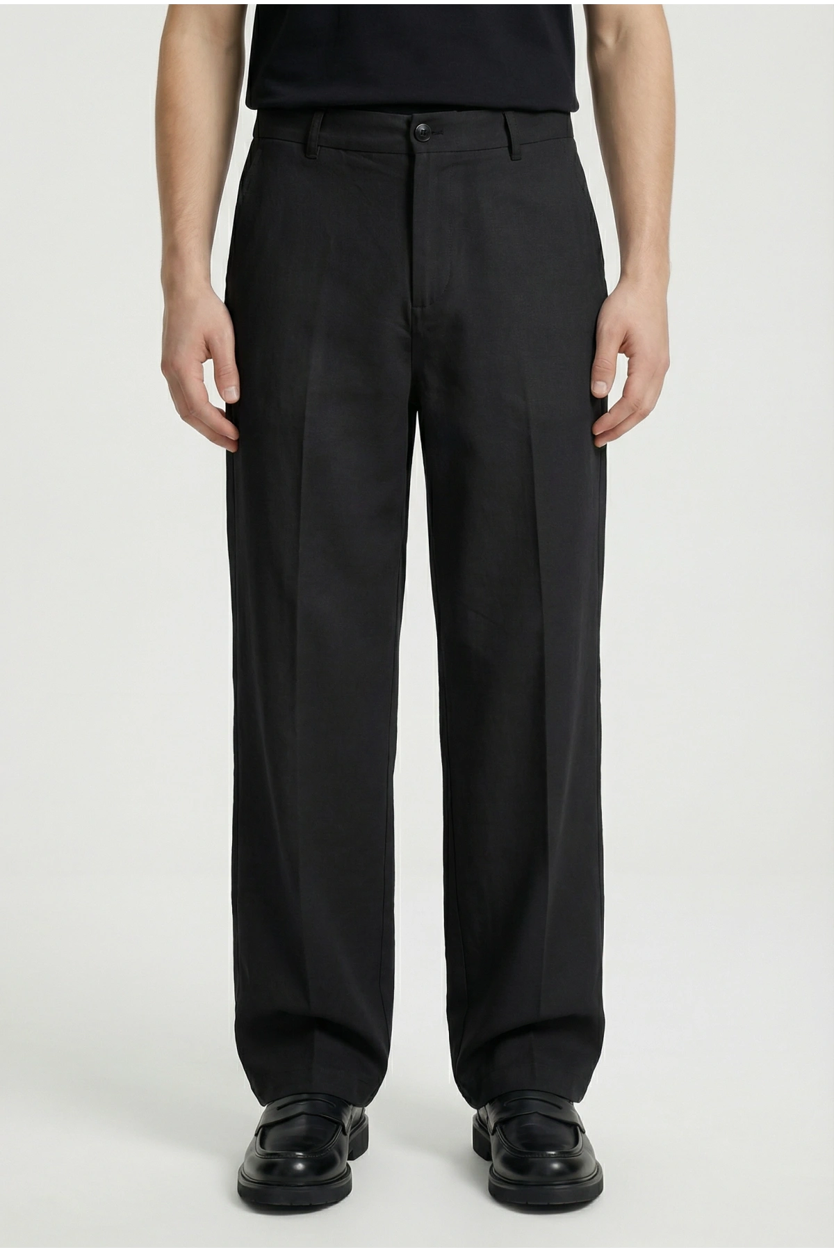 Erkek Super Bagy Kesim Keten Pantolon-Siyah