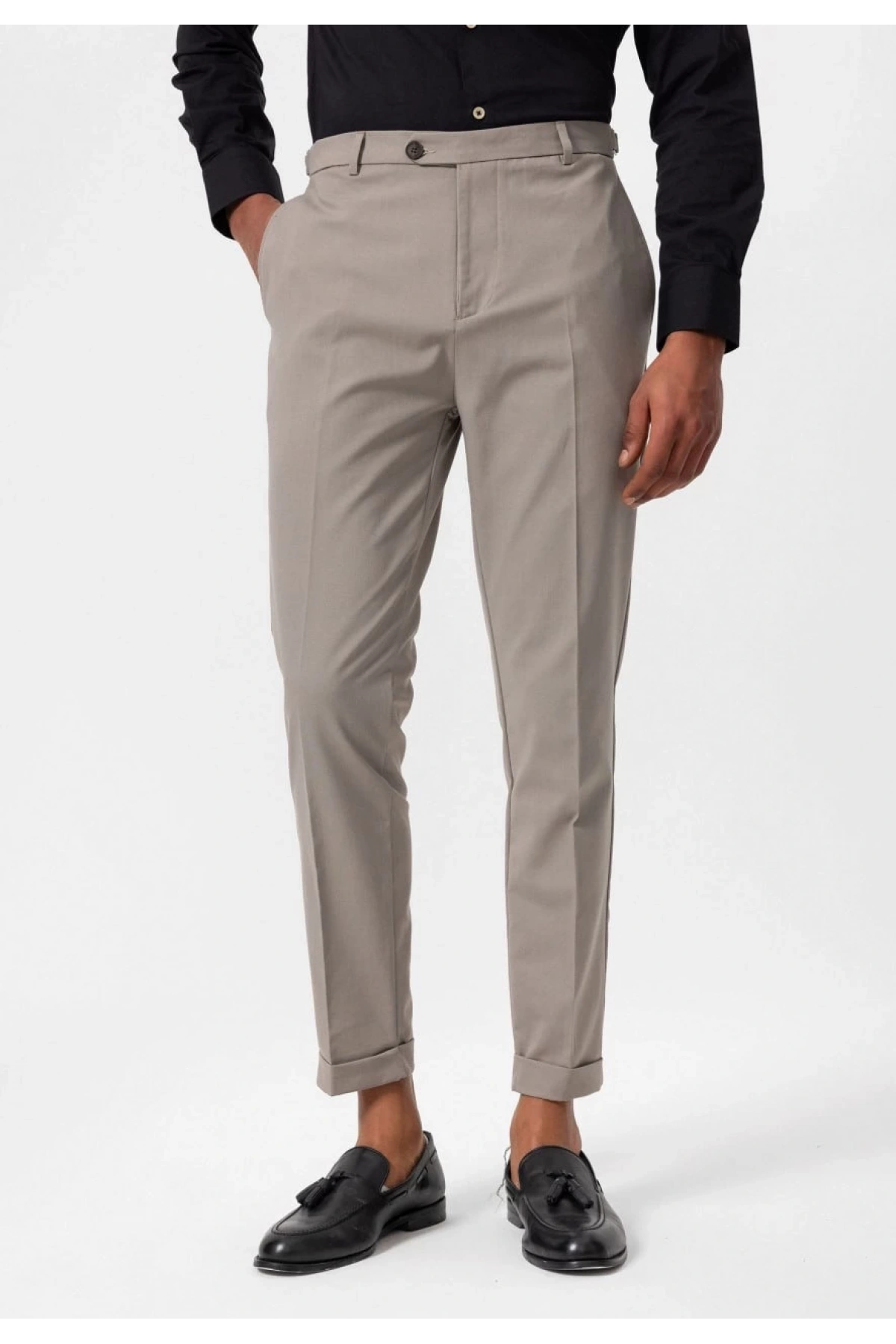 Erkek Yanı Tokalı Double Paça Kumaş Pantolon- Bej