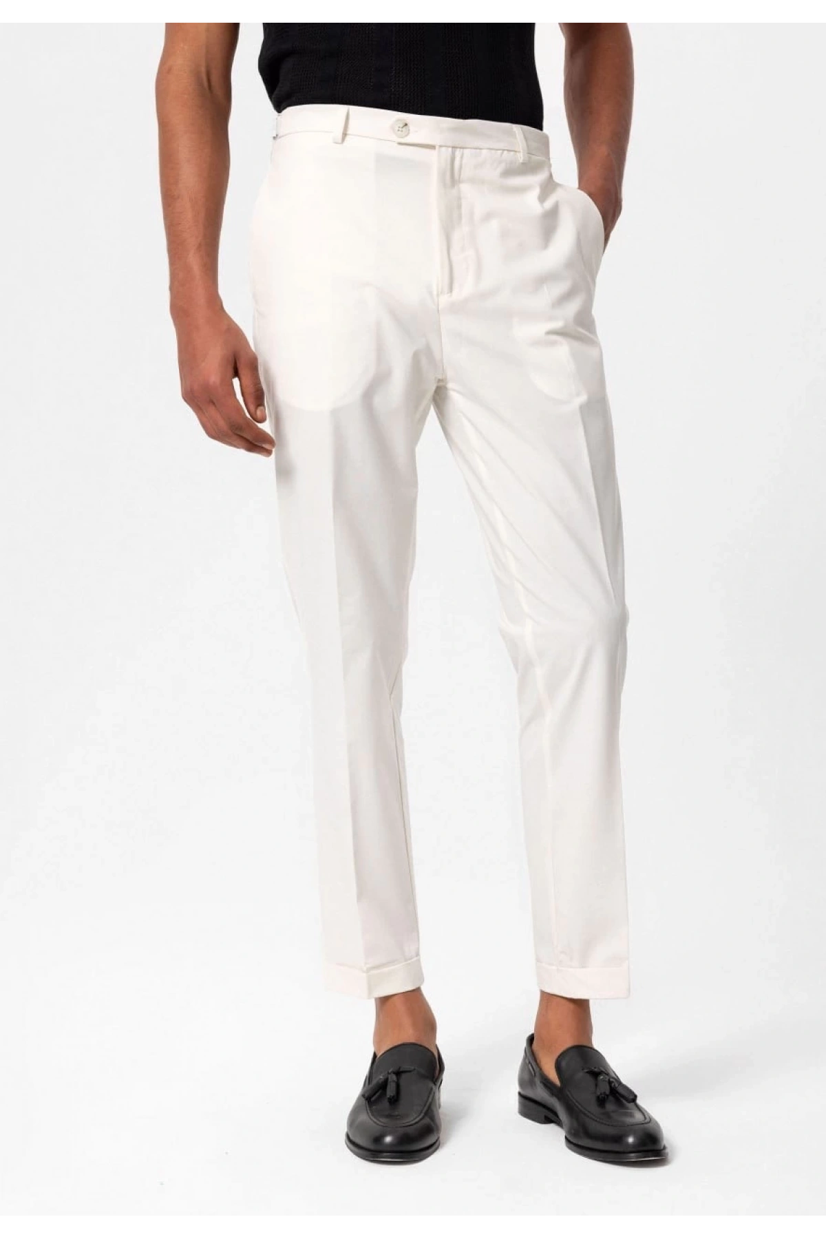 Erkek Yanı Tokalı Double Paça Kumaş Pantolon- Beyaz