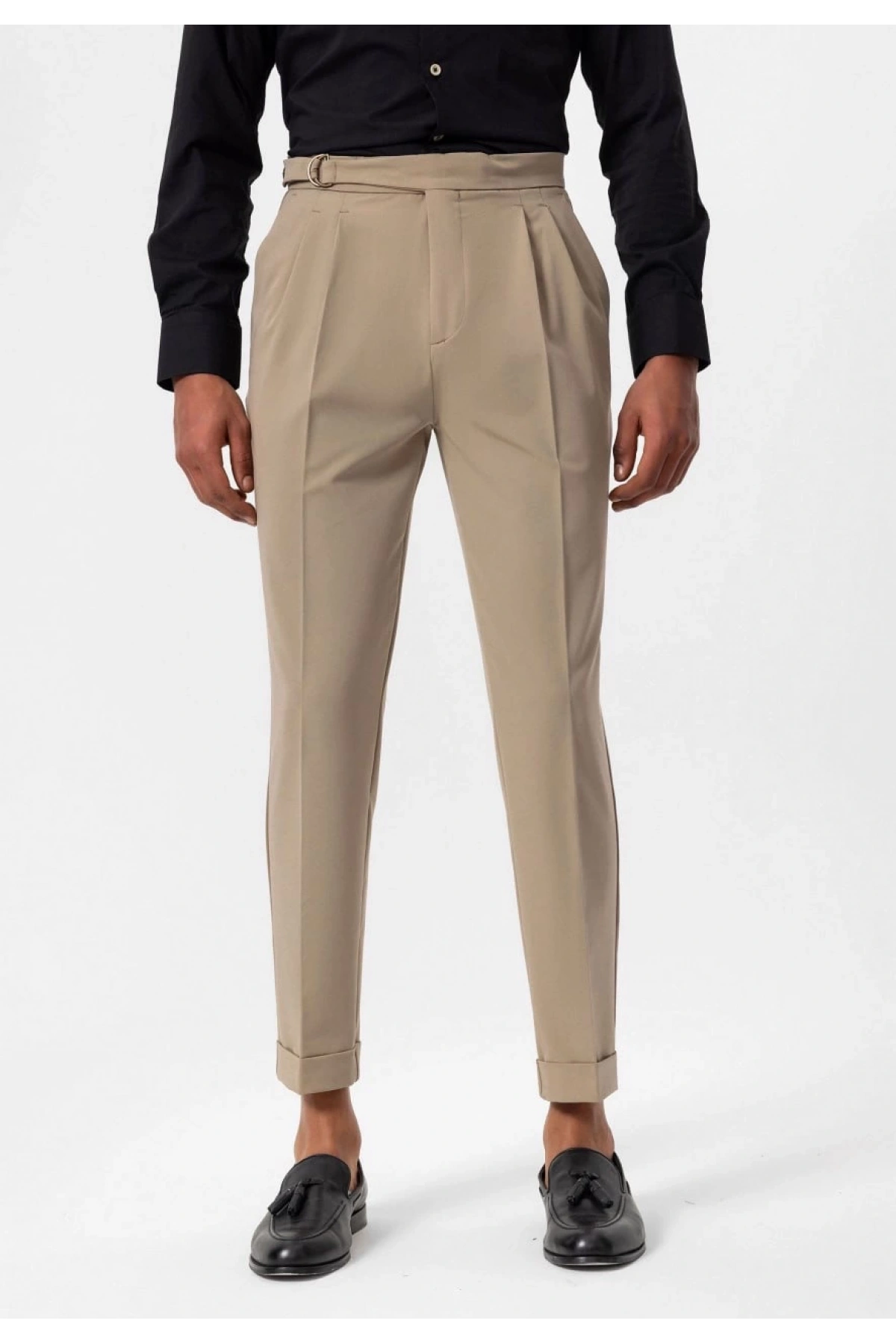 Erkek Yüksek Bel Pileli Tokalı Kumaş Pantolon- Bej