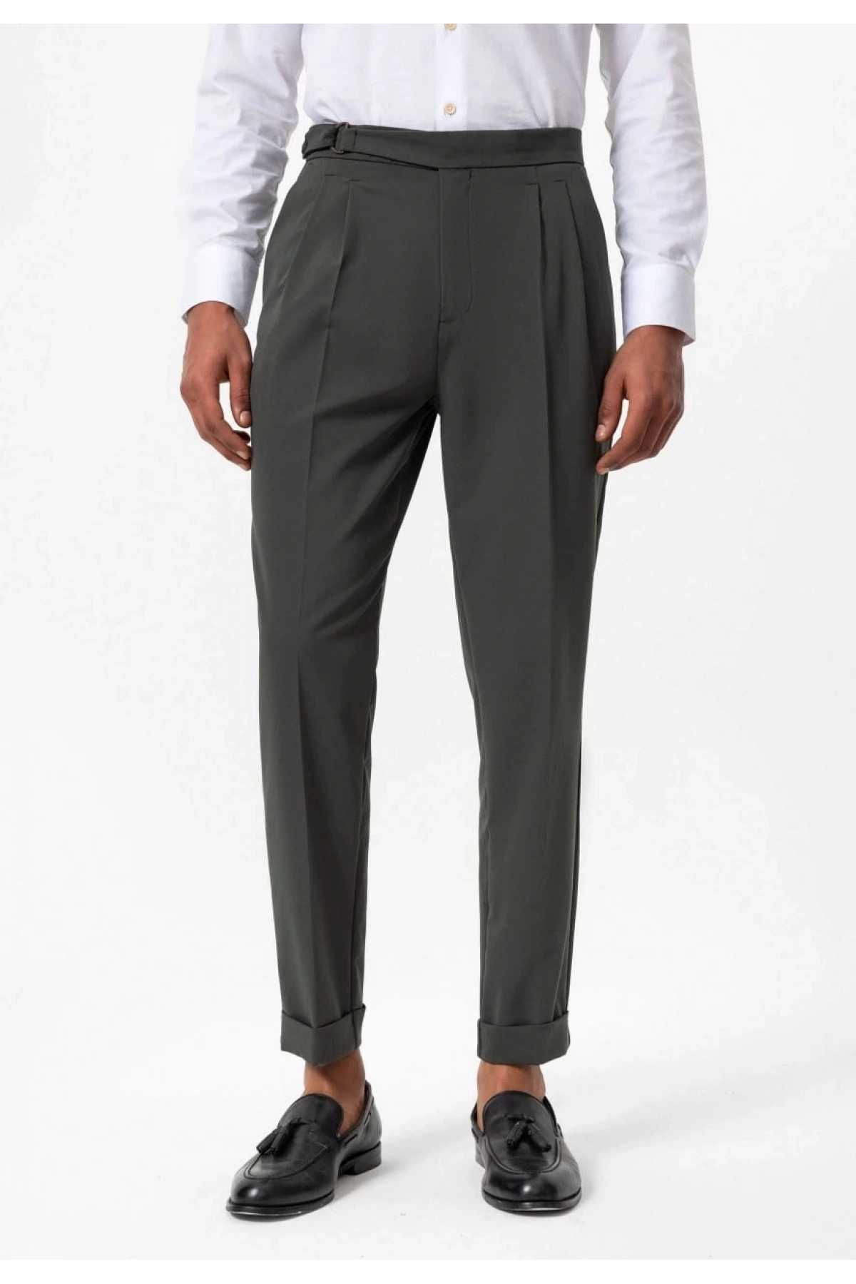 Erkek Yüksek Bel Pileli Tokalı Kumaş Pantolon- Yeşil