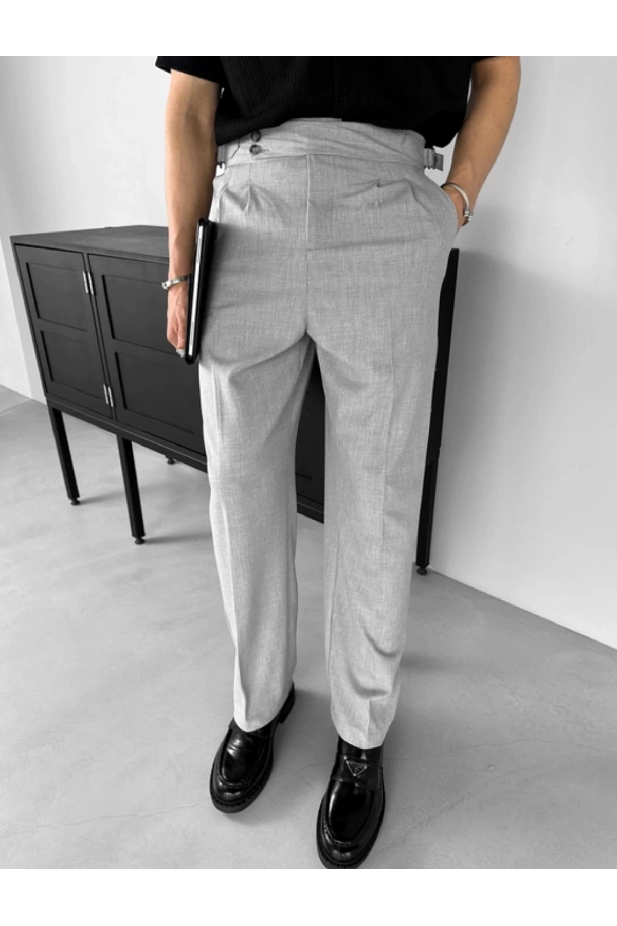 Erkek Yüksek Bel Rahat Kesim Pileli Pantolon-Gri