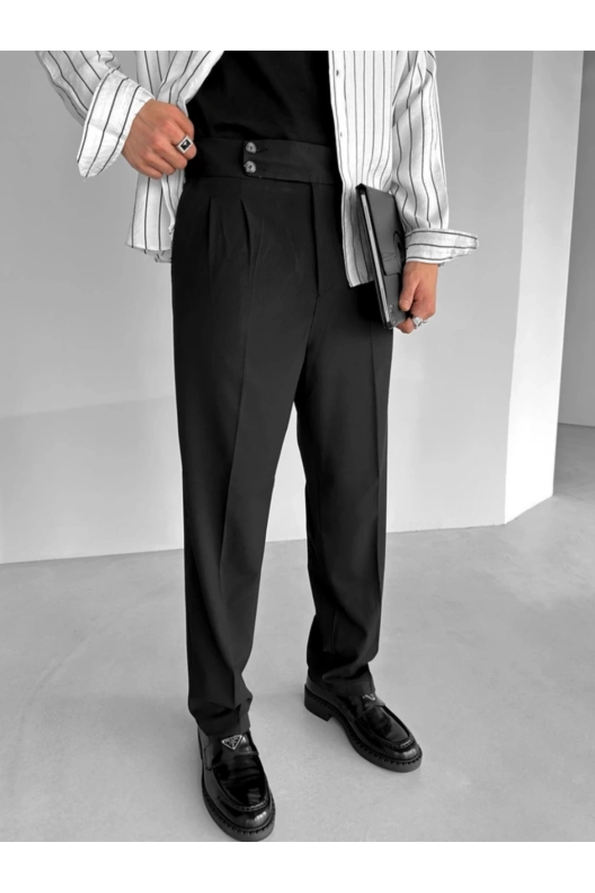Erkek Yüksek Bel Rahat Kesim Pileli Pantolon-Siyah