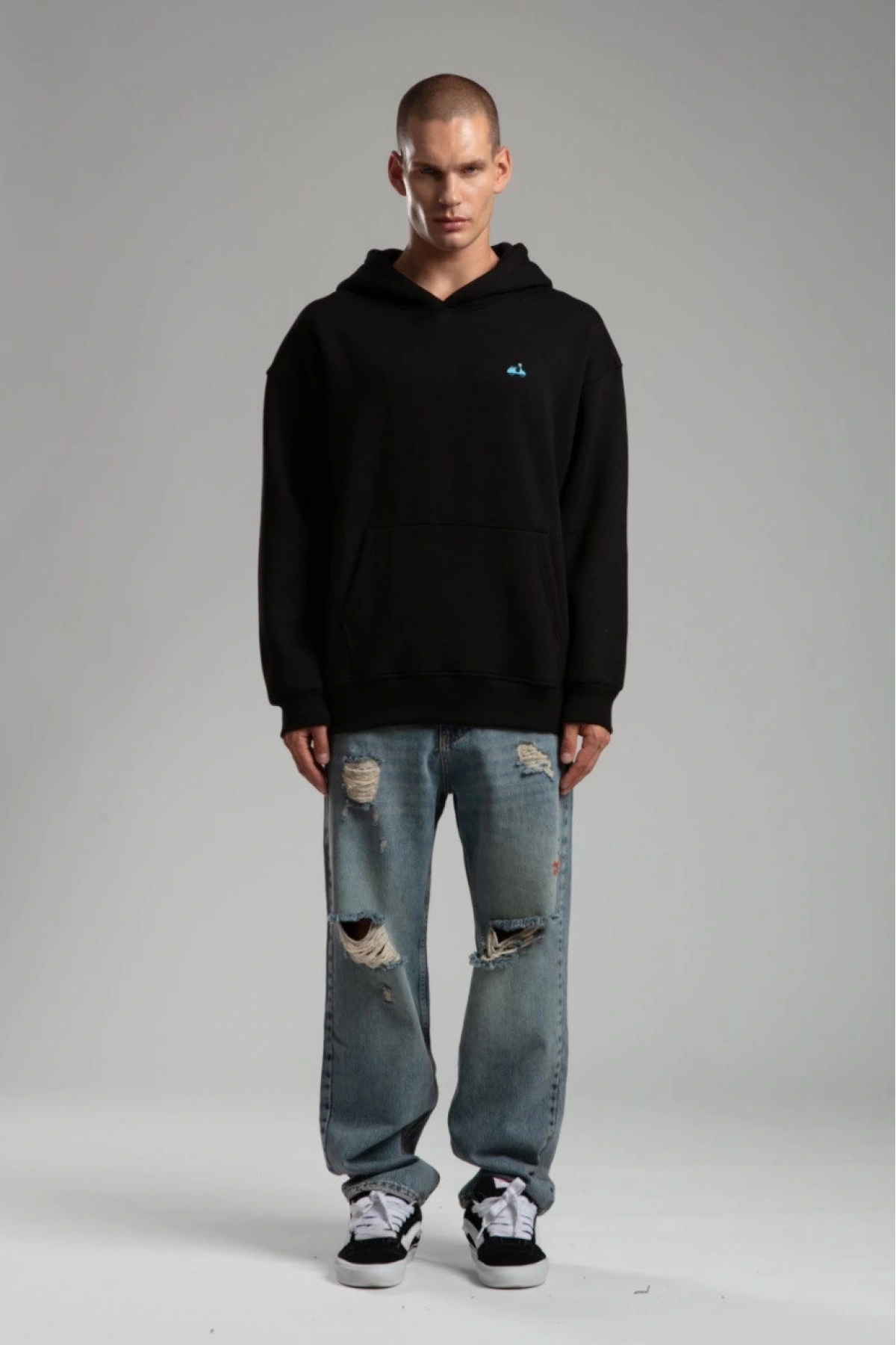 Owersize İçi Şardonlu Kapüşonlu Baskılı Sweatshirt -Siyah