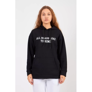 Bisiklet Yaka Owersıze Kapüşonlu All Baskılı Sweatshirt -Siyah