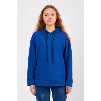 Bisiklet Yaka Owersıze Kapüşonlu Sweatshirt -Mavi