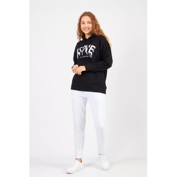 Bisiklet Yaka Owersıze Kapüşonlu Love Baskılı Sweatshirt -Siyah