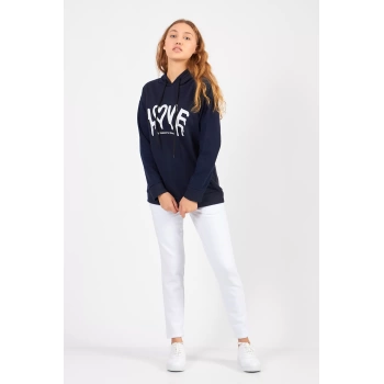 Bisiklet Yaka Owersıze Kapüşonlu Love Baskılı Sweatshirt -Lacivert