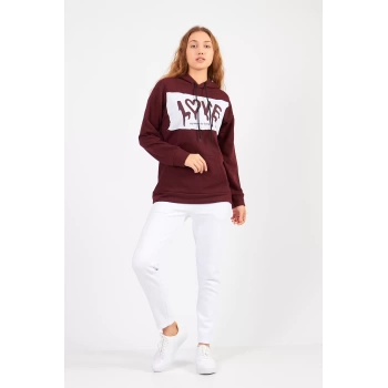 Bisiklet Yaka Owersıze Kapüşonlu Love Baskılı Sweatshirt -Kahverengi