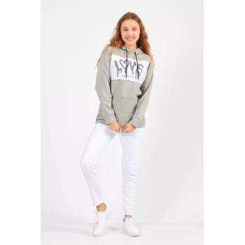 Bisiklet Yaka Owersıze Kapüşonlu Love Baskılı Sweatshirt -Gri
