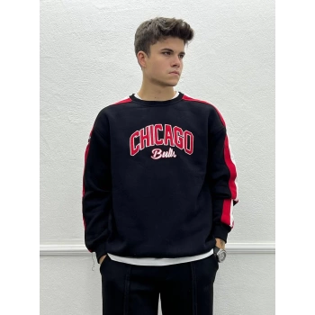 Chicago Baskılı İç Kısmı Şardonlu Oversize Sweatshirt - Siyah