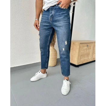Erkek Boyfriend Likrasız Yırtık Kot Pantolon - Koyu Mavi
