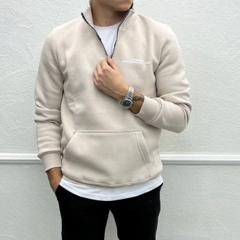 Erkek İçi Şardonlu Yakası Fermuarlı Sweatshirt - Taş Rengi