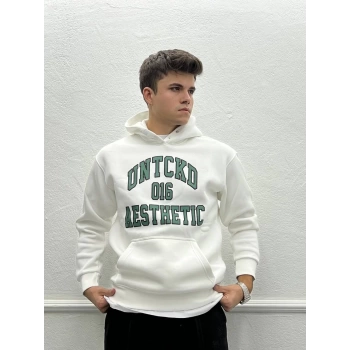 Erkek Oversize Önü Baskılı İçi Şardonlu Kapişonlu Sweatshirt - Beyaz