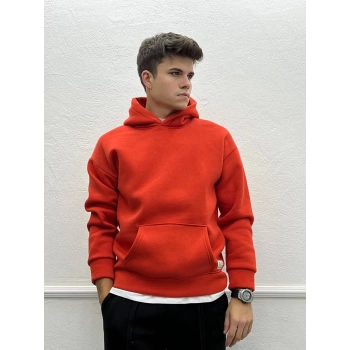 Erkek Owersize İçi Şardonlu Kapşonlu Sweatshirt -Turuncu