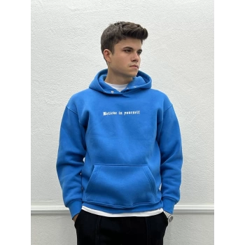 Erkek Owesize İçi Şardonlu Önü Baskılı Sweatshirt - Mavi